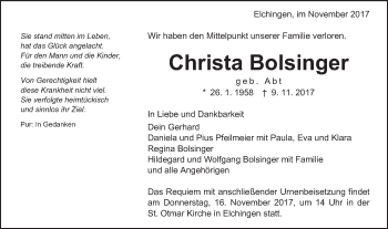 Traueranzeige von Christa Bolsinger von Schwäbische Post