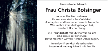 Traueranzeige von Christa Bolsinger von Schwäbische Post