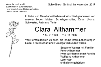 Traueranzeige von Clara Althammer von Gmünder Tagespost