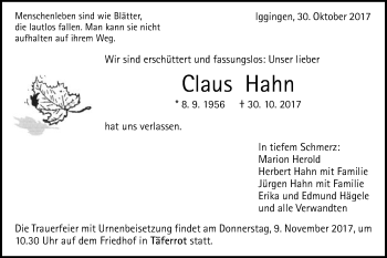Traueranzeige von Claus Hahn von Gmünder Tagespost
