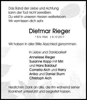 Traueranzeige von Dietmar Rieger von Gmünder Tagespost