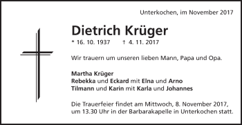 Traueranzeige von Dietrich Krüger von Schwäbische Post