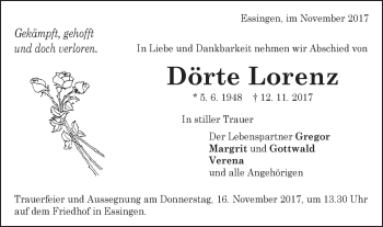 Traueranzeige von Dörte Lorenz von Schwäbische Post