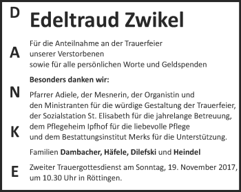 Traueranzeige von Edeltraud Zwikel von Schwäbische Post