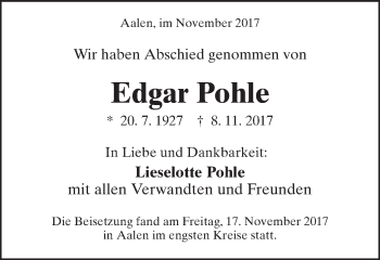 Traueranzeige von Edgar Pohle von Schwäbische Post