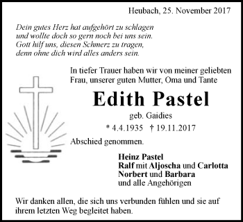 Traueranzeige von Edith Pastel von Gmünder Tagespost