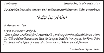 Traueranzeige von Edwin Hahn von Schwäbische Post