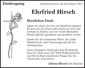 Traueranzeige von Ehrfried Hirsch von Schwäbische Post