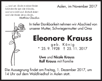 Traueranzeige von Eleonore Krauss von Schwäbische Post