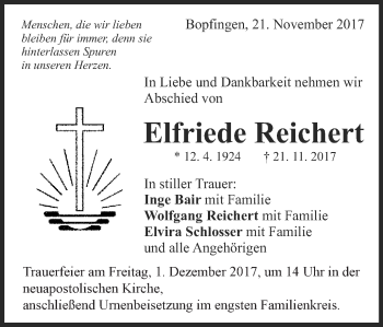 Traueranzeige von Elfriede Reichert von Schwäbische Post