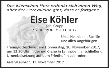 Traueranzeige von Else Köhler von Schwäbische Post
