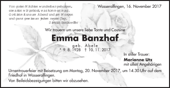 Traueranzeige von Emma Banzhaf von Schwäbische Post