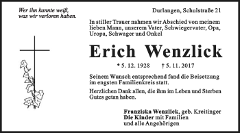 Traueranzeige von Erich Wenzlick von Gmünder Tagespost