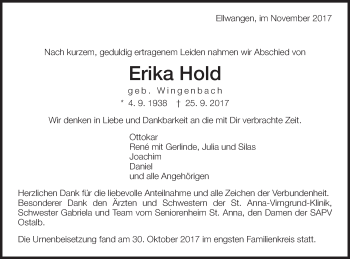 Traueranzeige von Erika Hold von Schwäbische Post