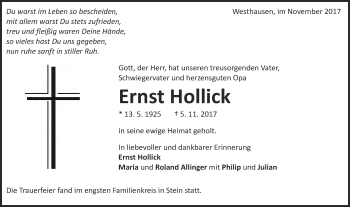 Traueranzeige von Ernst Hollick von Schwäbische Post