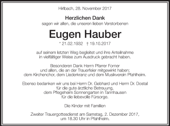 Traueranzeige von Eugen Hauber von Schwäbische Post