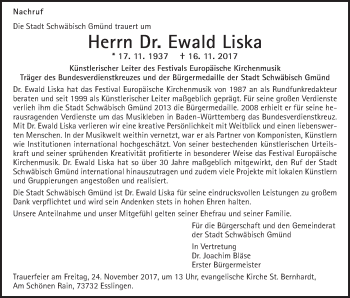 Traueranzeige von Ewald Liska von Gmünder Tagespost