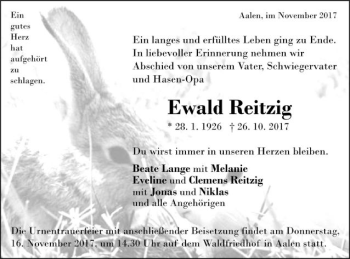 Traueranzeige von Ewald Reitzig von Schwäbische Post