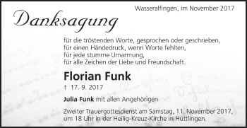 Traueranzeige von Florian Funk von Schwäbische Post