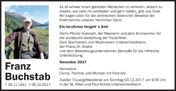 Traueranzeige von Franz Buchstab von Schwäbische Post