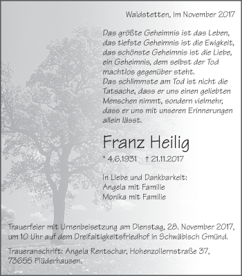 Traueranzeige von Franz Heilig von Gmünder Tagespost