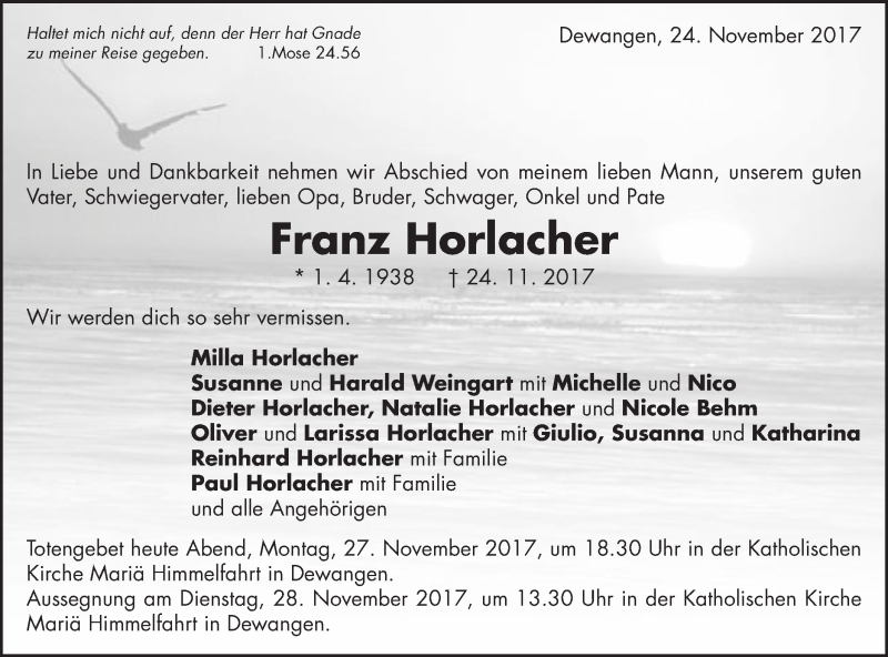  Traueranzeige für Franz Horlacher vom 27.11.2017 aus Schwäbische Post