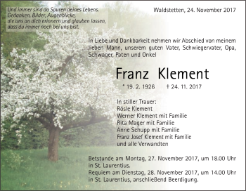 Traueranzeige von Franz Klement von Gmünder Tagespost