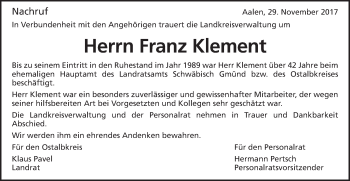 Traueranzeige von Franz Klement von Gmünder Tagespost