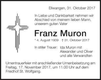 Traueranzeige von Franz Muron von Schwäbische Post