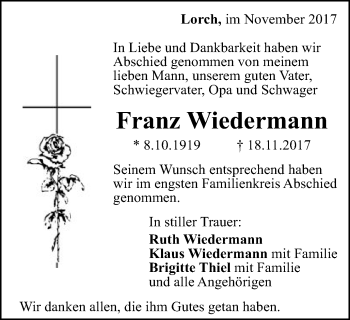 Traueranzeige von Franz Wiedermann von Gmünder Tagespost
