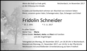 Traueranzeige von Fridolin Schneider von Schwäbische Post