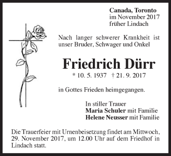 Traueranzeige von Friedrich Dürr