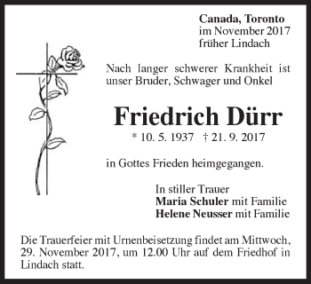 Traueranzeige von Friedrich Dürr von Gmünder Tagespost