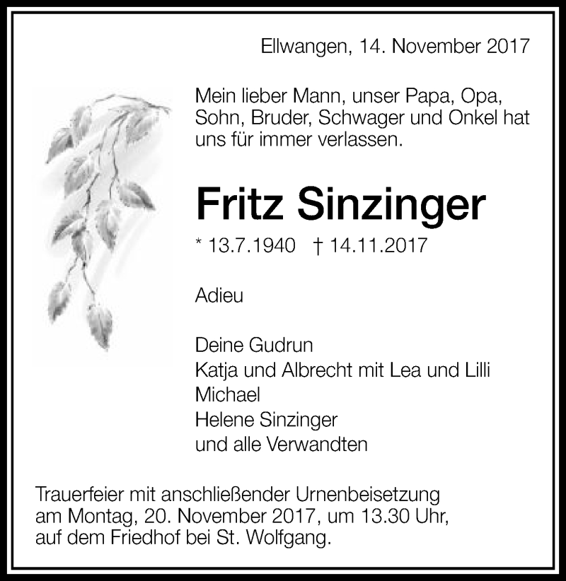  Traueranzeige für Fritz Sinzinger vom 16.11.2017 aus Schwäbische Post