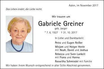Traueranzeige von Gabriele Greiner von Schwäbische Post