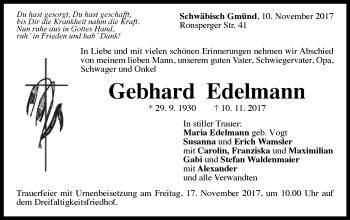 Traueranzeige von Gebhard Edelmann von Gmünder Tagespost