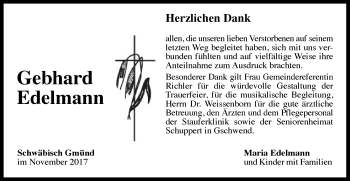 Traueranzeige von Gebhard Edelmann von Gmünder Tagespost
