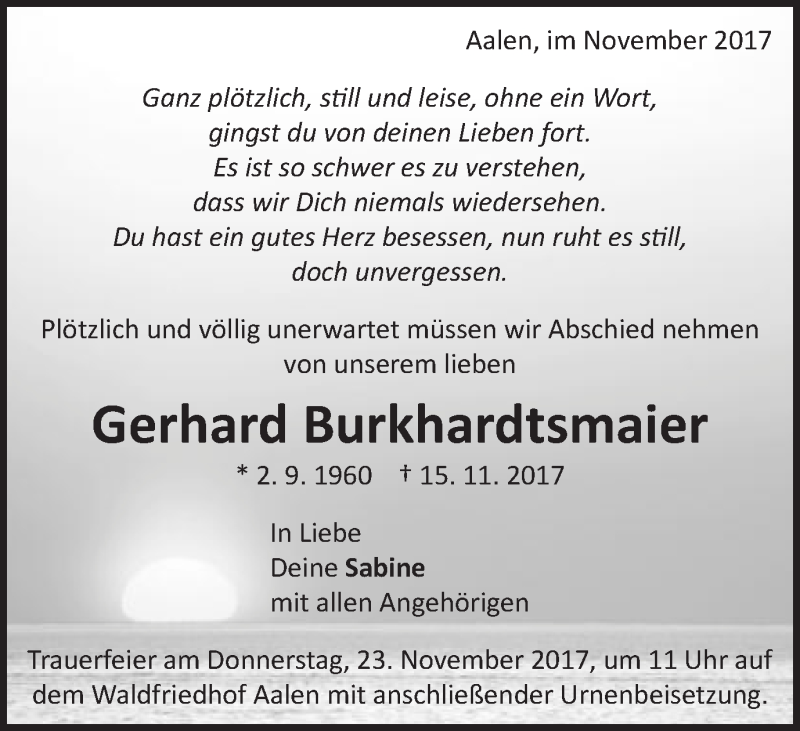  Traueranzeige für Gerhard Burkhardtsmaier vom 20.11.2017 aus Schwäbische Post