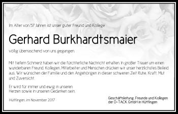 Traueranzeige von Gerhard Burkhardtsmaier von Schwäbische Post