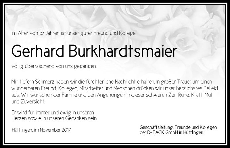  Traueranzeige für Gerhard Burkhardtsmaier vom 24.11.2017 aus Schwäbische Post