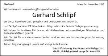 Traueranzeige von Gerhard Schlipf von Schwäbische Post