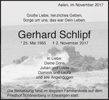 Traueranzeige von Gerhard Schlipf von Schwäbische Post