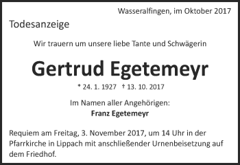 Traueranzeige von Gertrud Egetemeyr von Schwäbische Post