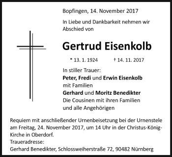 Traueranzeige von Gertrud Eisenkolb von Schwäbische Post