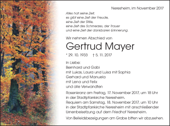 Traueranzeige von Gertrud Mayer von Schwäbische Post