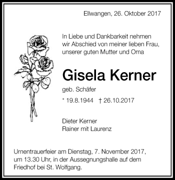 Traueranzeige von Gisela Kerner von Schwäbische Post