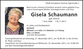 Traueranzeige von Gisela Schaumann von Gmünder Tagespost
