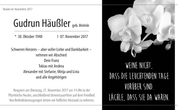 Traueranzeige von Gudrun Häußler von Schwäbische Post