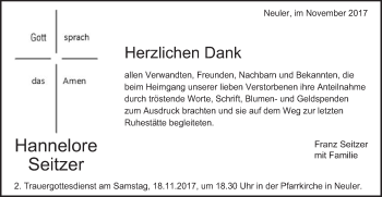 Traueranzeige von Hannelore Seitzer von Schwäbische Post