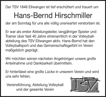 Traueranzeige von Hans-Bernd Hirschmiller von Schwäbische Post